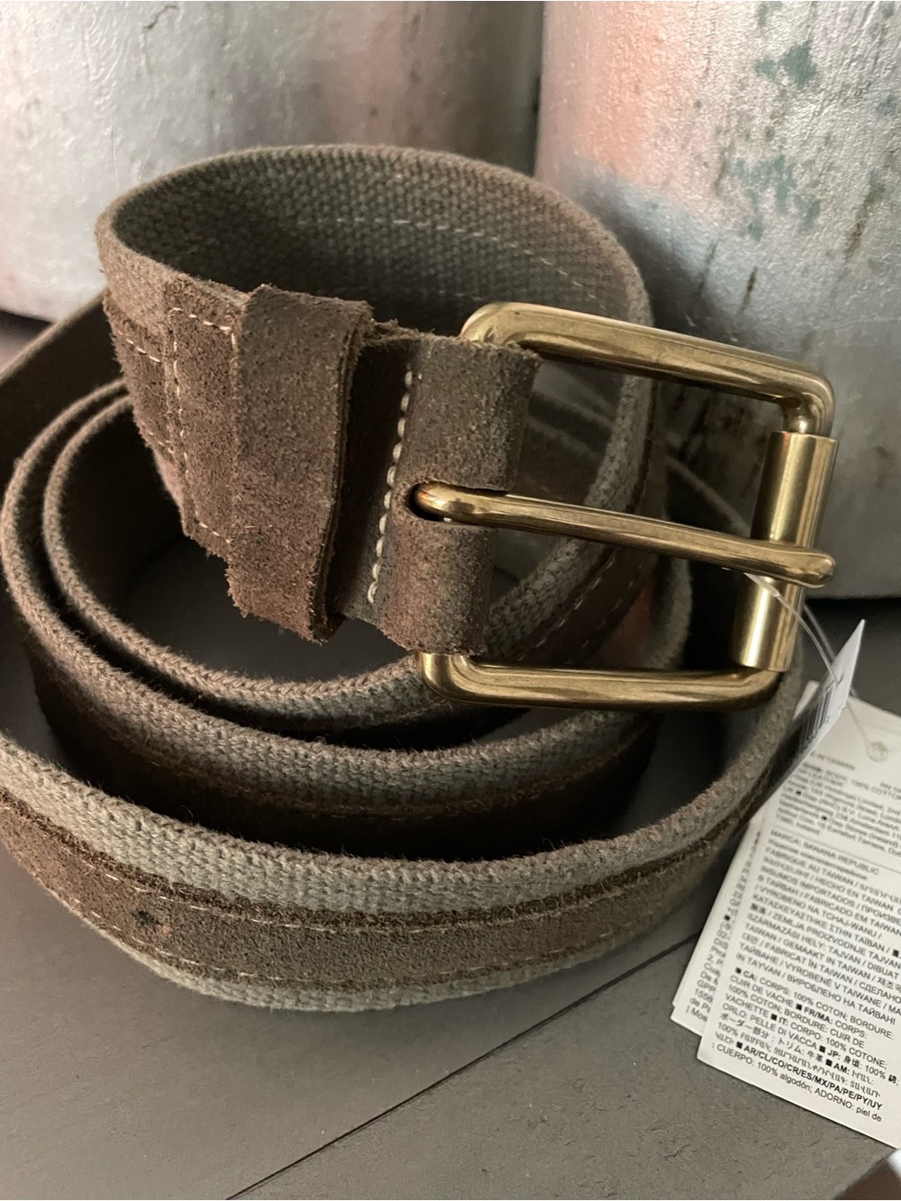 Banana Republic Brown Suede & Canvas Belt with Gold-Tone Buckle